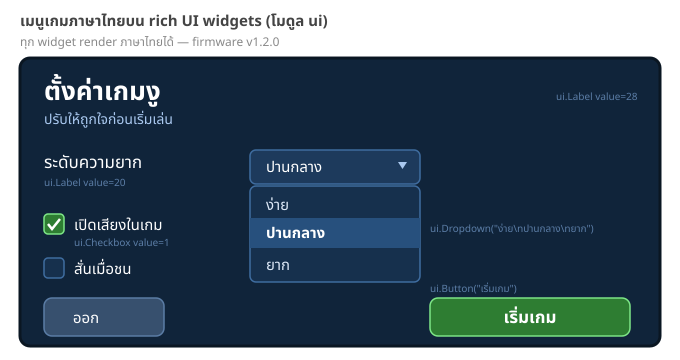 เมนูตั้งค่าเกมภาษาไทยบน ui widgets